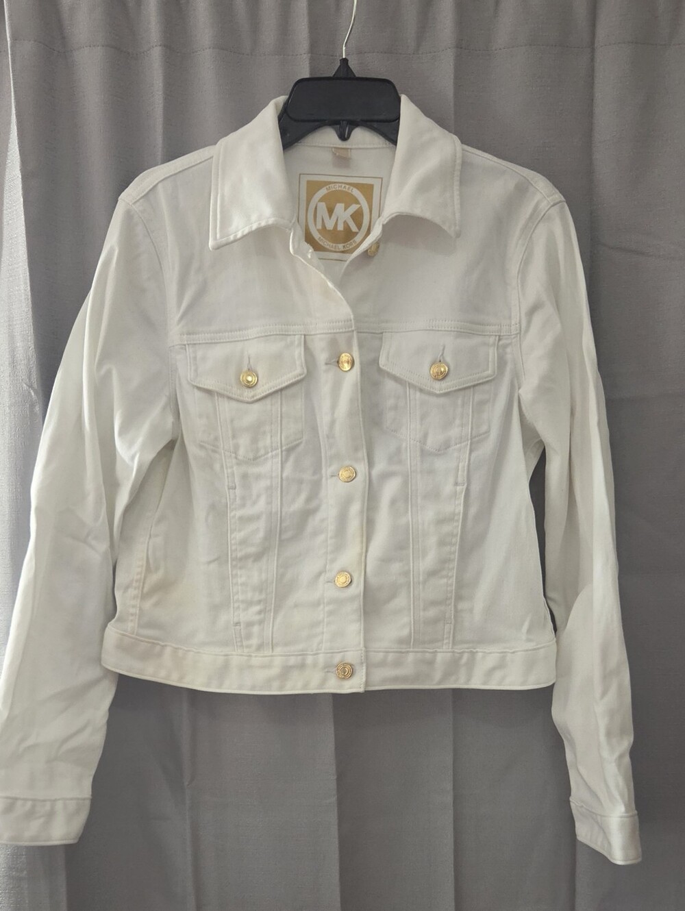 Michael Kors White Denim Jacket with Gold-Tone Buttons Large 97% Cotton